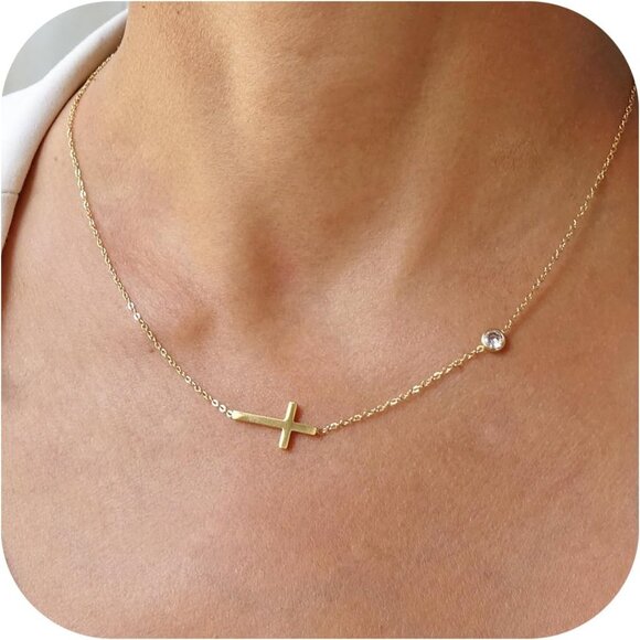 MONOZO Gold - Diamond & Sideway Cross 14K Gold Plated Necklace for Women - Picture 1 of 6